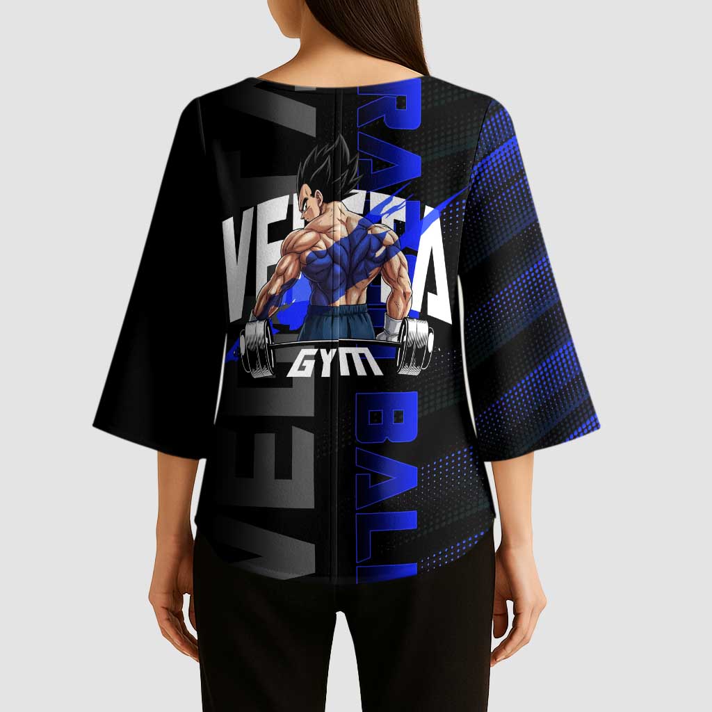 Vegeta Gym Theme Black and Blue Design Kimono Sleeve Blouse with Powerlifting Pose and Saiyan Armor Style - The Mazicc