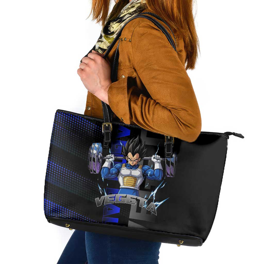 Vegeta Gym Theme Black and Blue Design Leather Tote Bag with Powerlifting Pose and Saiyan Armor Style - The Mazicc