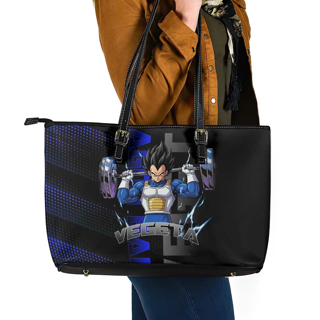 Vegeta Gym Theme Black and Blue Design Leather Tote Bag with Powerlifting Pose and Saiyan Armor Style - The Mazicc