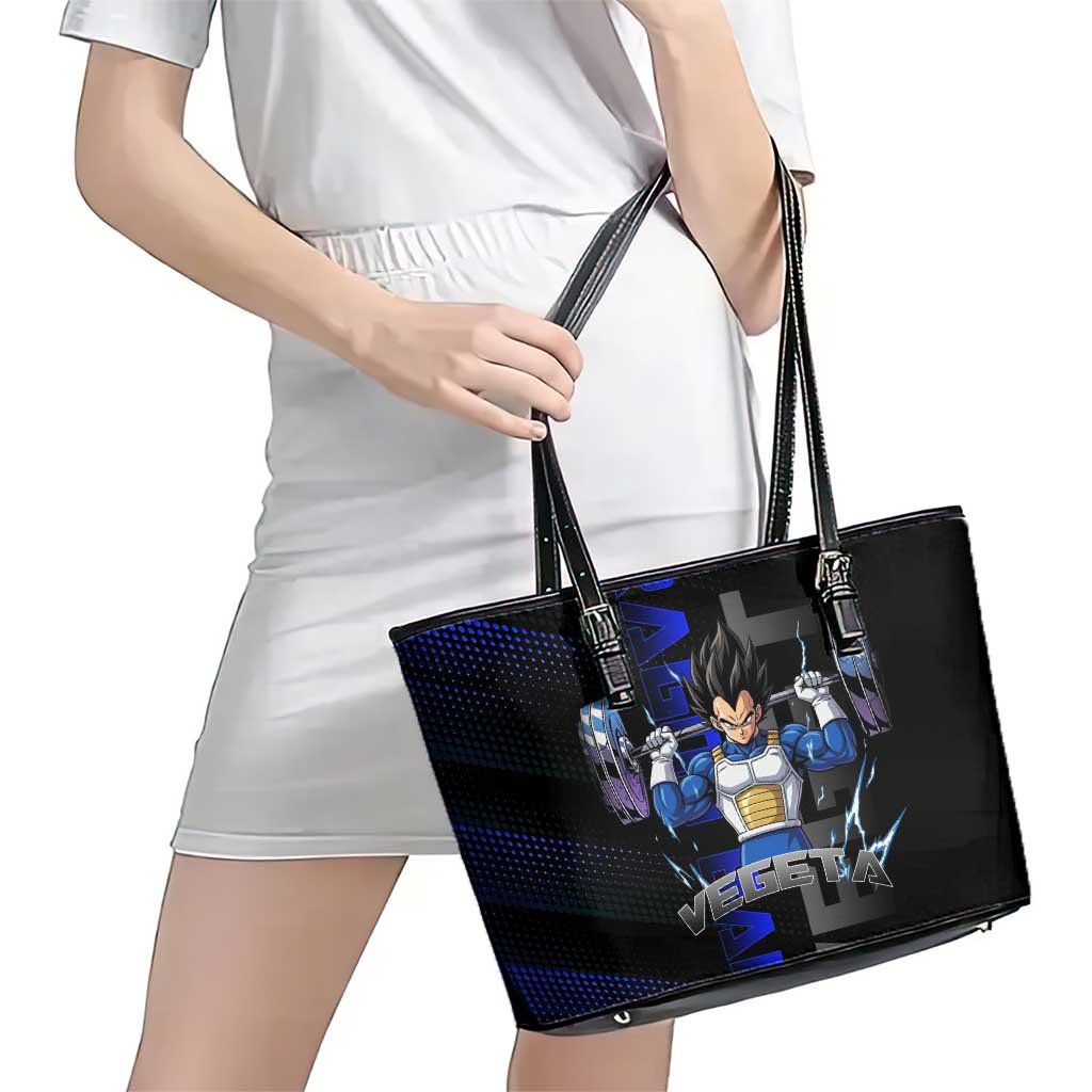 Vegeta Gym Theme Black and Blue Design Leather Tote Bag with Powerlifting Pose and Saiyan Armor Style - The Mazicc