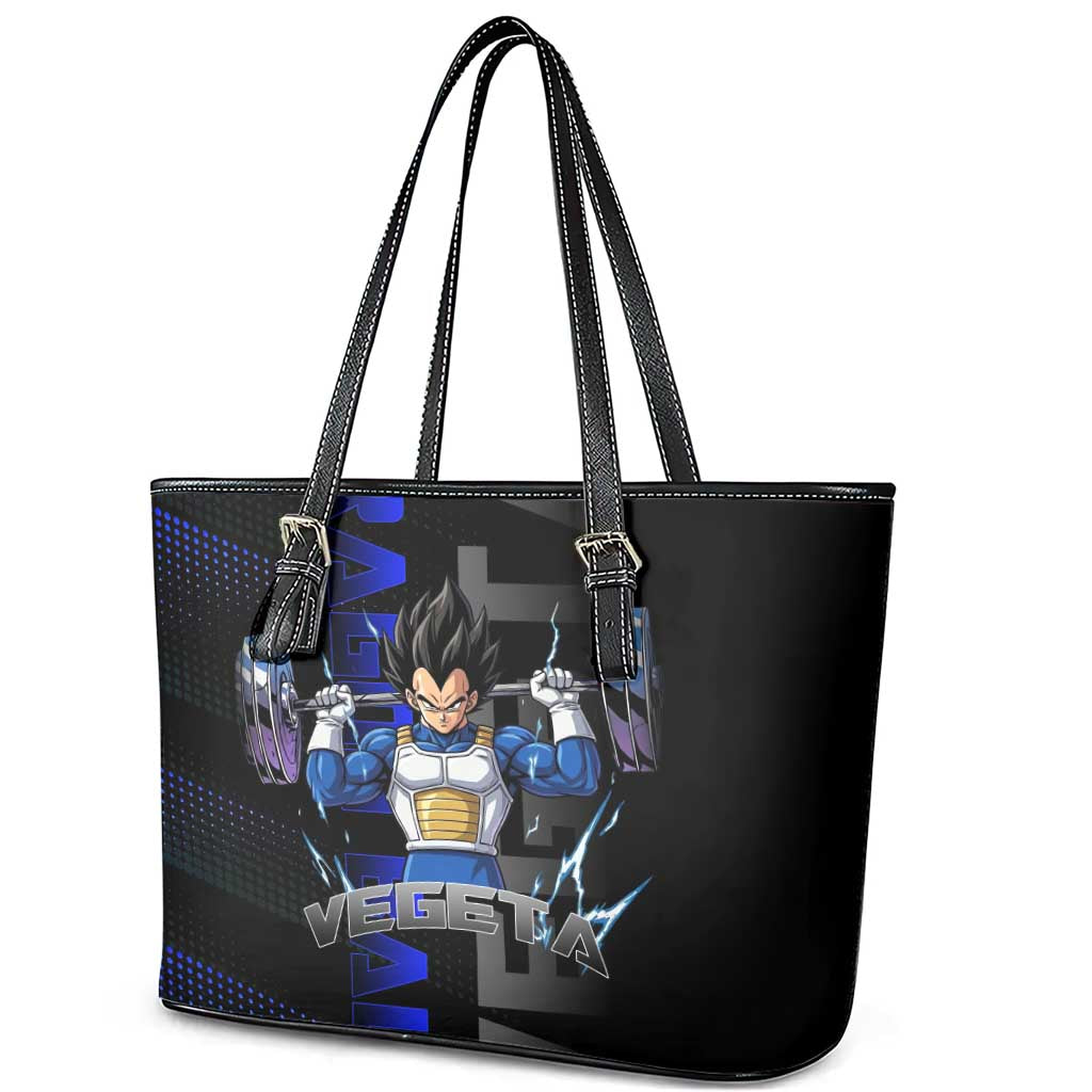 Vegeta Gym Theme Black and Blue Design Leather Tote Bag with Powerlifting Pose and Saiyan Armor Style - The Mazicc