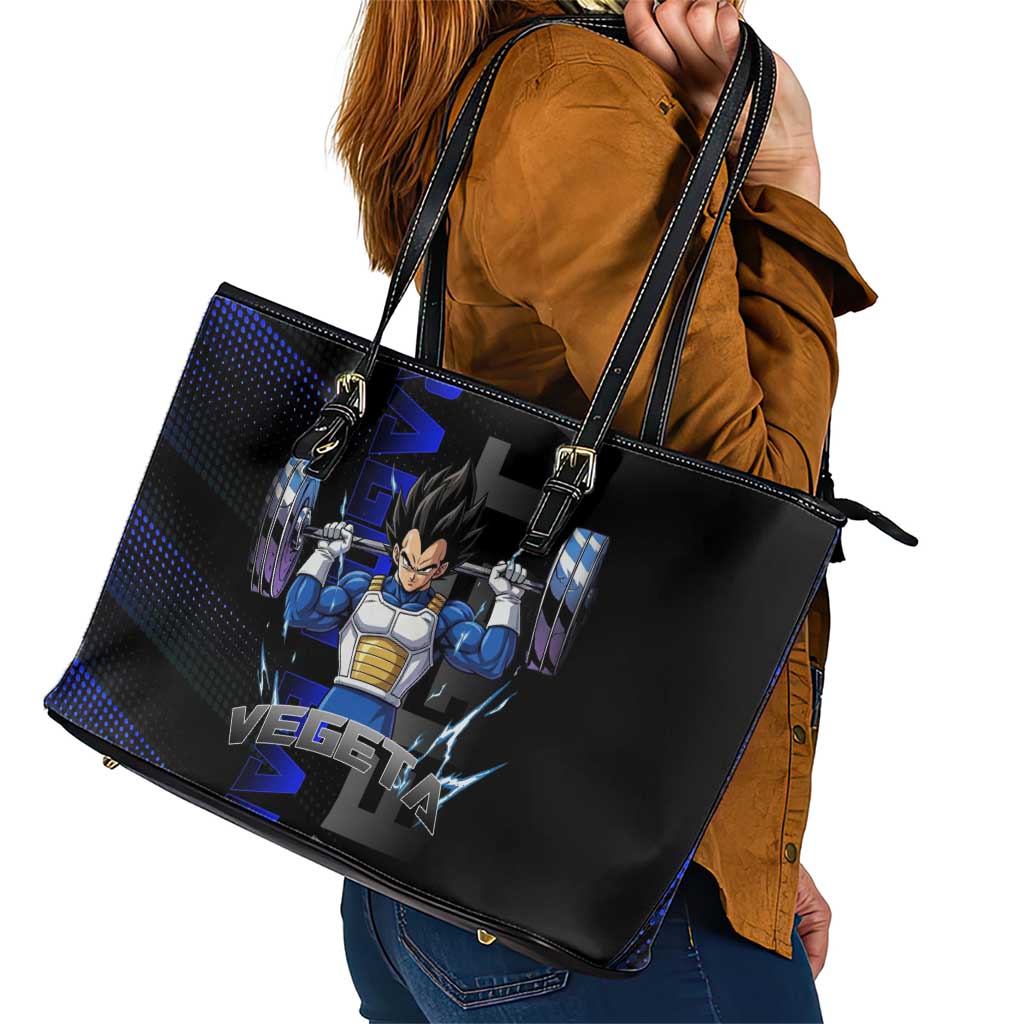 Vegeta Gym Theme Black and Blue Design Leather Tote Bag with Powerlifting Pose and Saiyan Armor Style - The Mazicc
