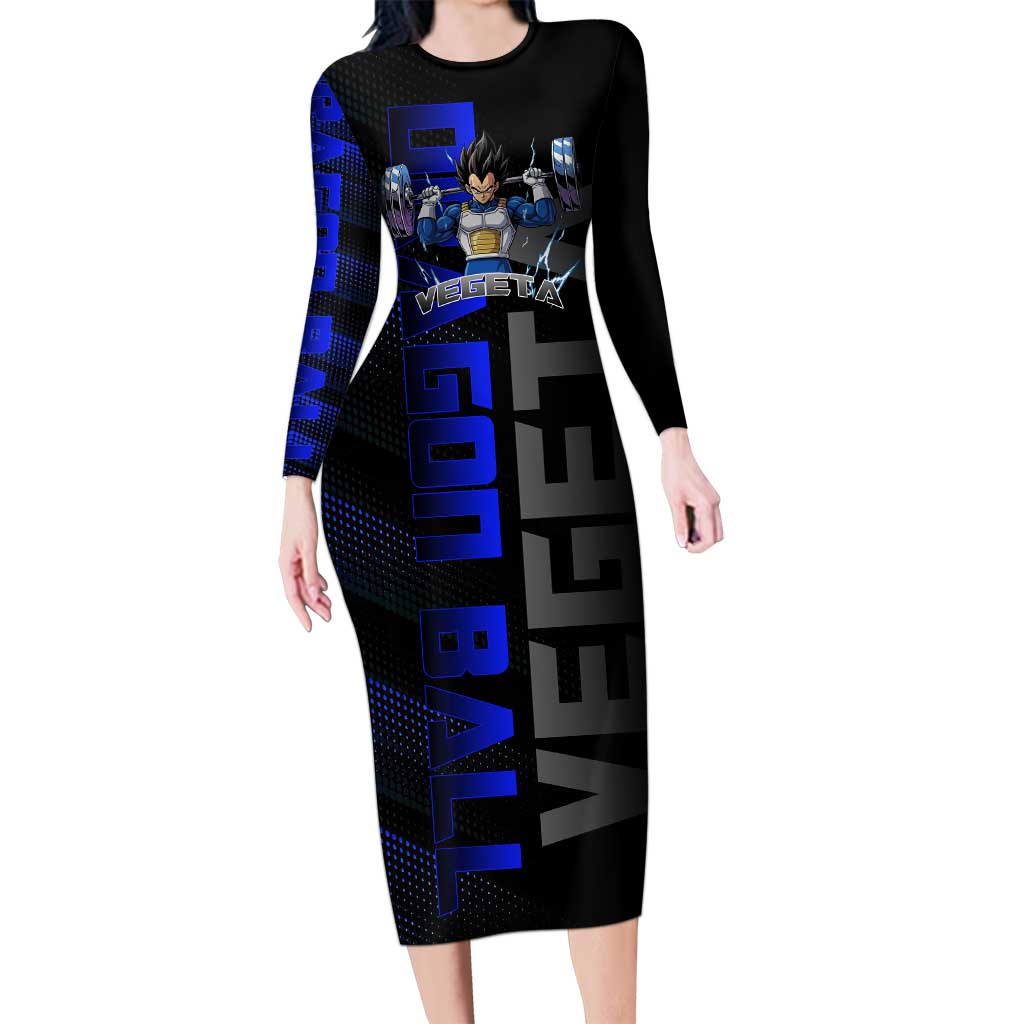 Vegeta Gym Theme Black and Blue Design Long Sleeve Bodycon Dress with Powerlifting Pose and Saiyan Armor Style - The Mazicc