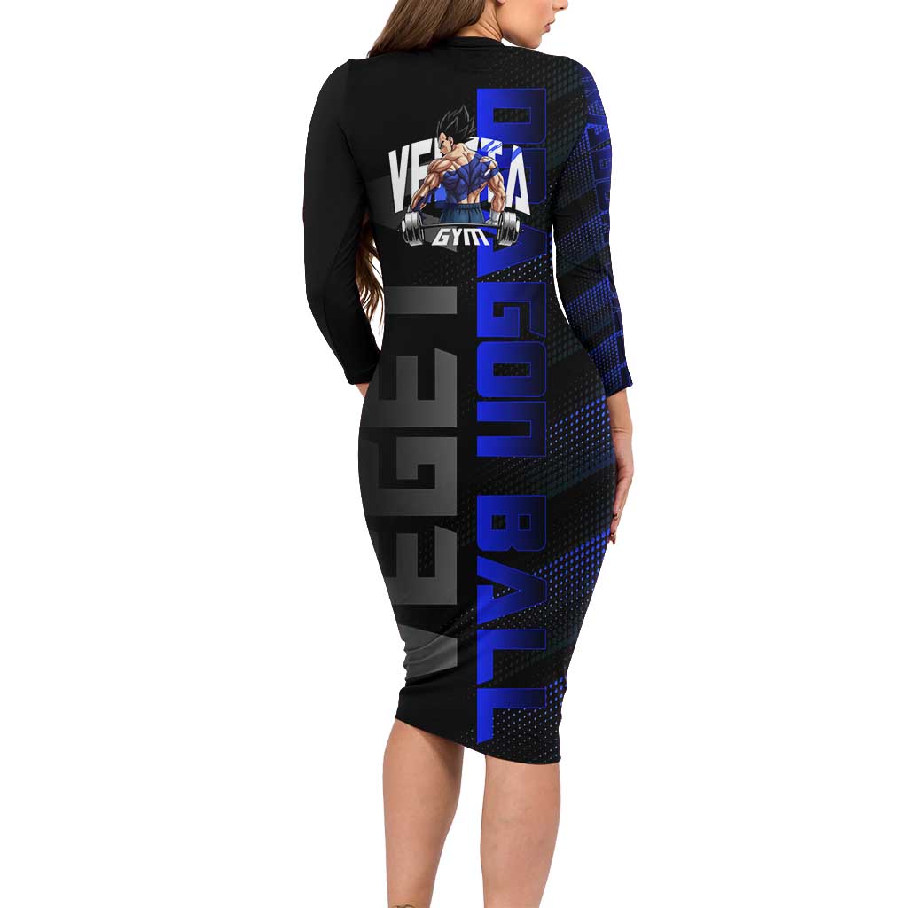 Vegeta Gym Theme Black and Blue Design Long Sleeve Bodycon Dress with Powerlifting Pose and Saiyan Armor Style - The Mazicc