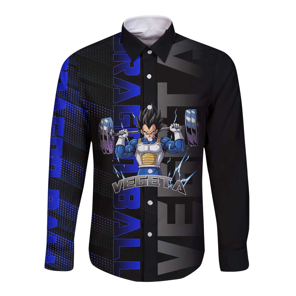 Vegeta Gym Theme Black and Blue Design Long Sleeve Button Shirt with Powerlifting Pose and Saiyan Armor Style - The Mazicc