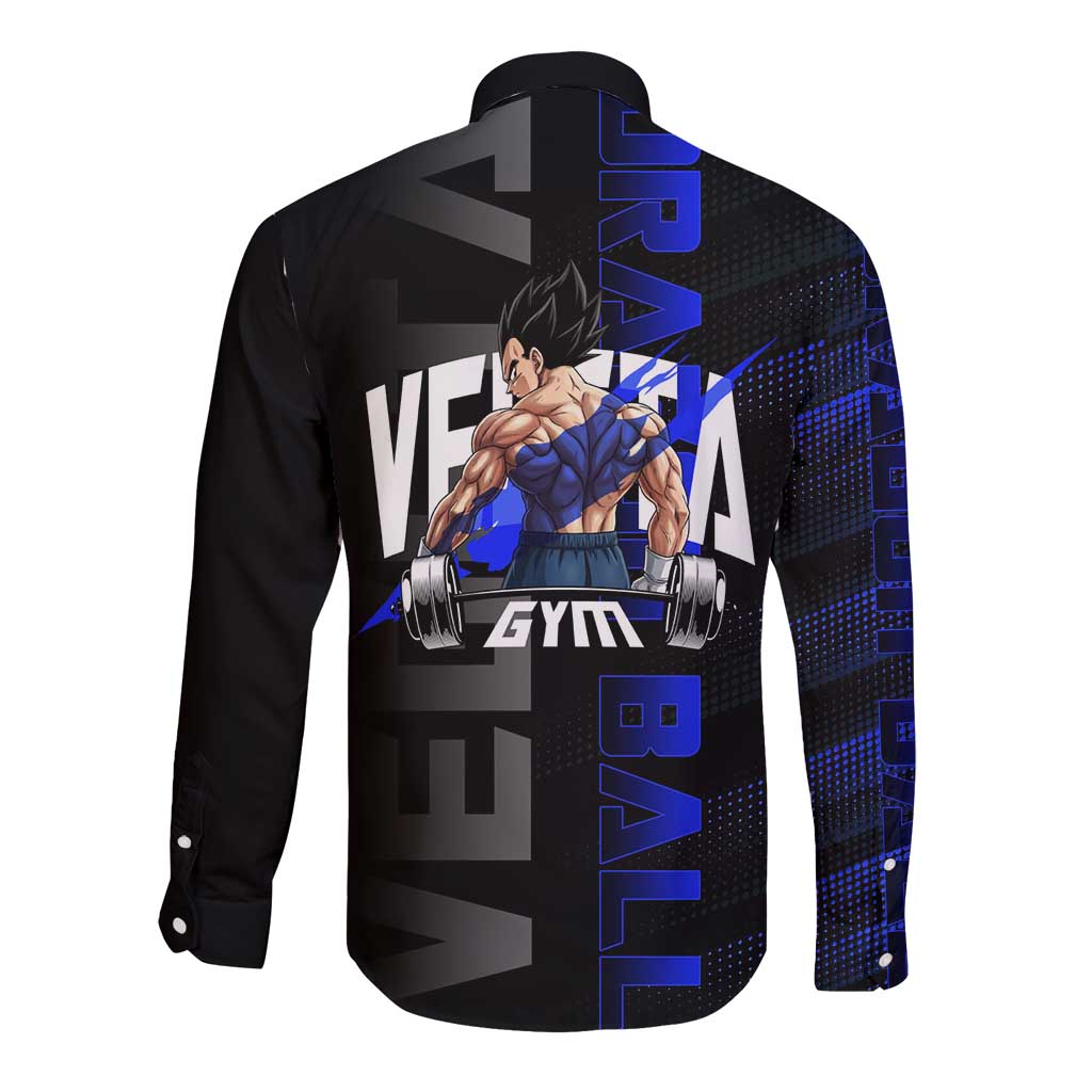 Vegeta Gym Theme Black and Blue Design Long Sleeve Button Shirt with Powerlifting Pose and Saiyan Armor Style - The Mazicc