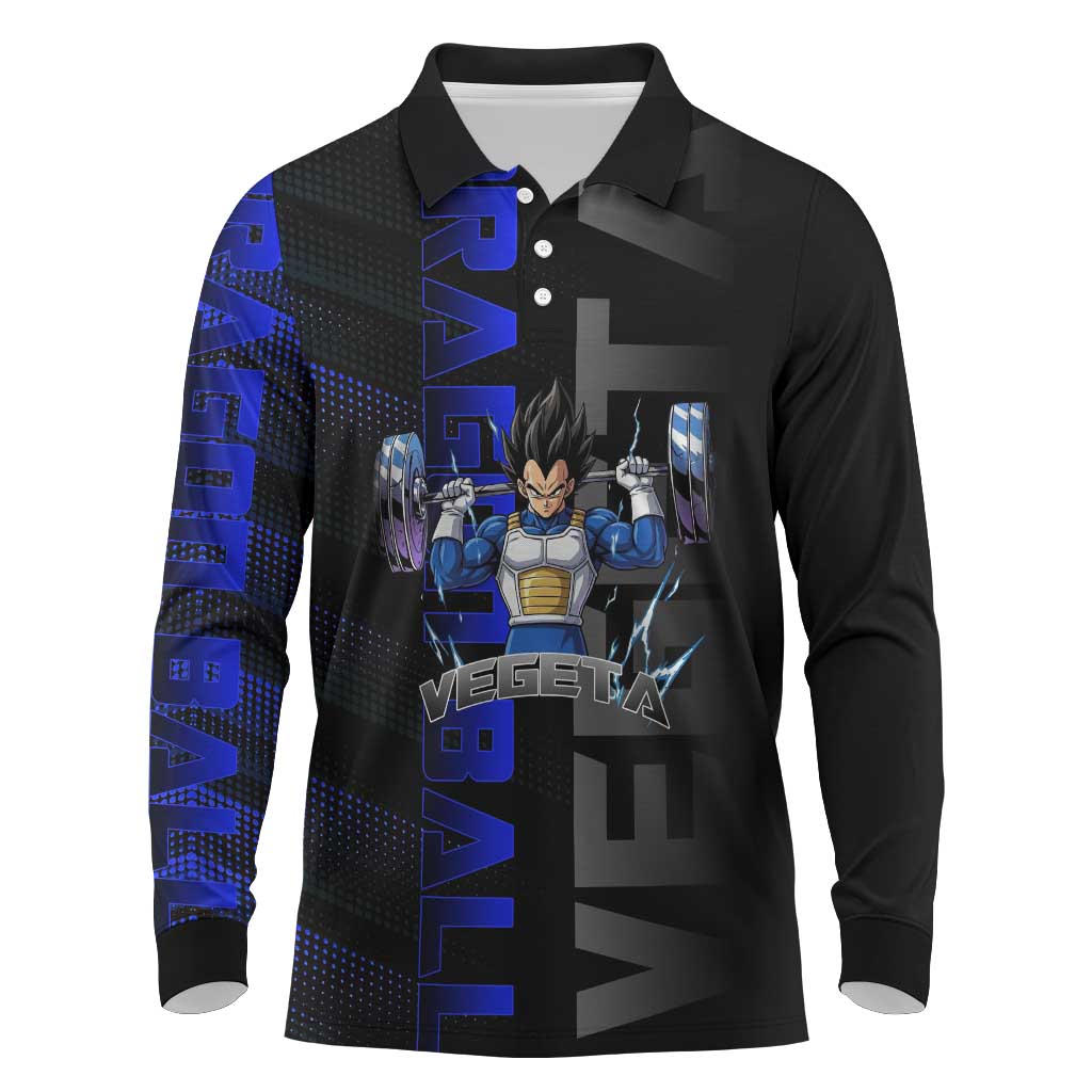 Vegeta Gym Theme Black and Blue Design Long Sleeve Polo Shirt with Powerlifting Pose and Saiyan Armor Style - The Mazicc