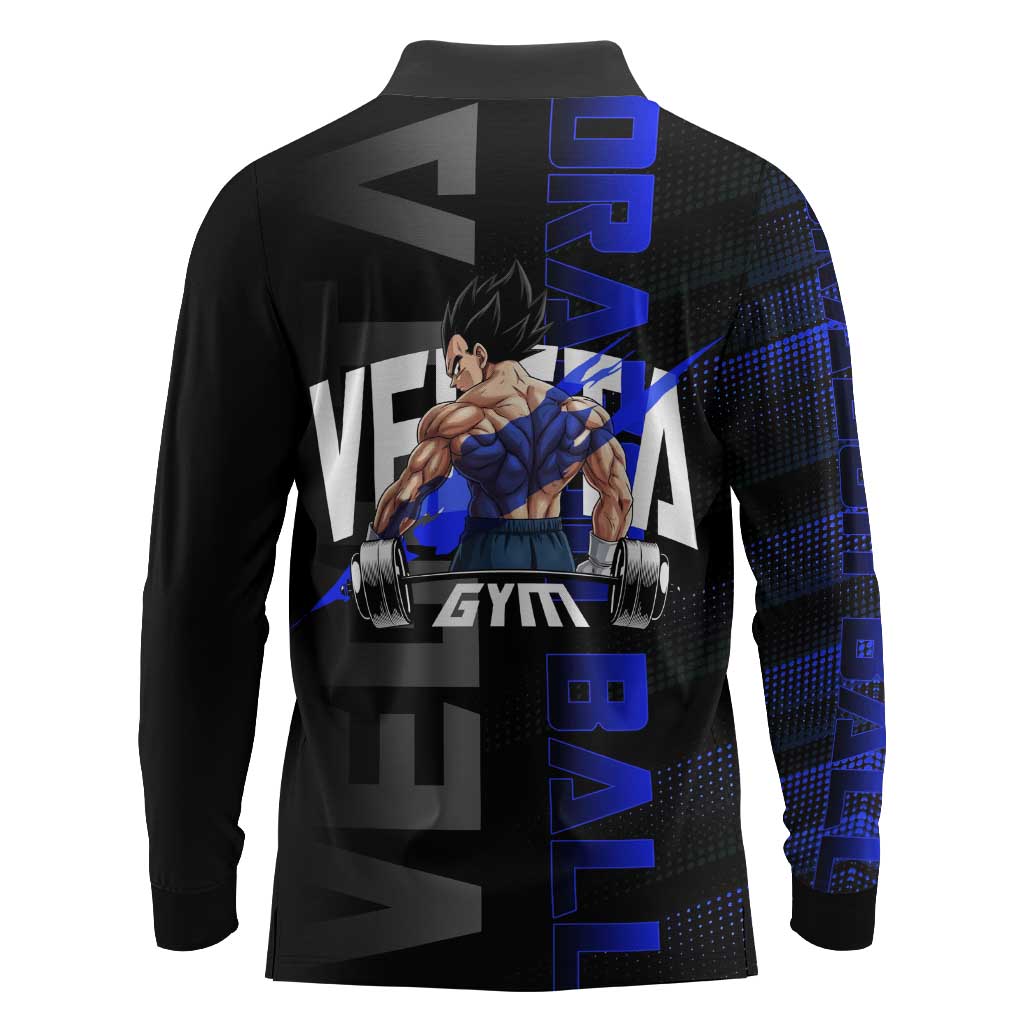 Vegeta Gym Theme Black and Blue Design Long Sleeve Polo Shirt with Powerlifting Pose and Saiyan Armor Style - The Mazicc