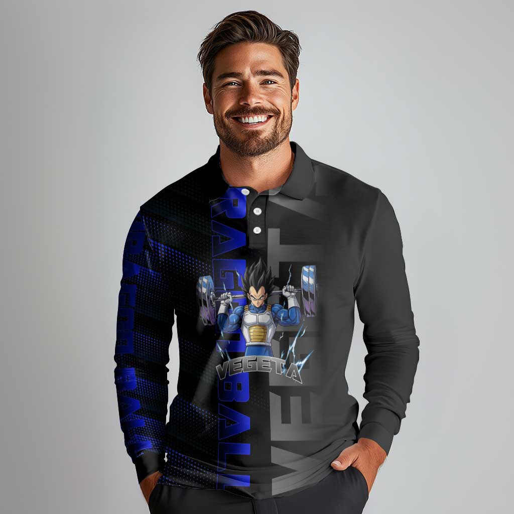 Vegeta Gym Theme Black and Blue Design Long Sleeve Polo Shirt with Powerlifting Pose and Saiyan Armor Style - The Mazicc