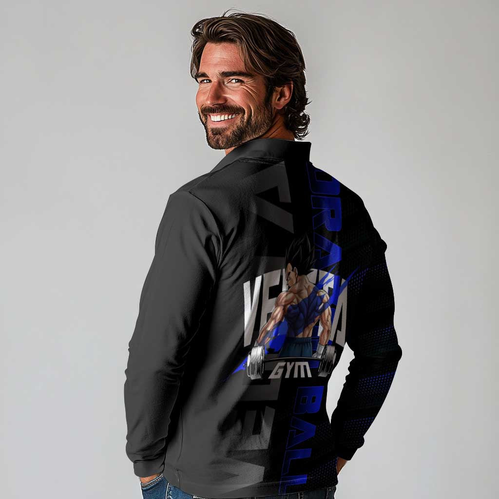 Vegeta Gym Theme Black and Blue Design Long Sleeve Polo Shirt with Powerlifting Pose and Saiyan Armor Style - The Mazicc