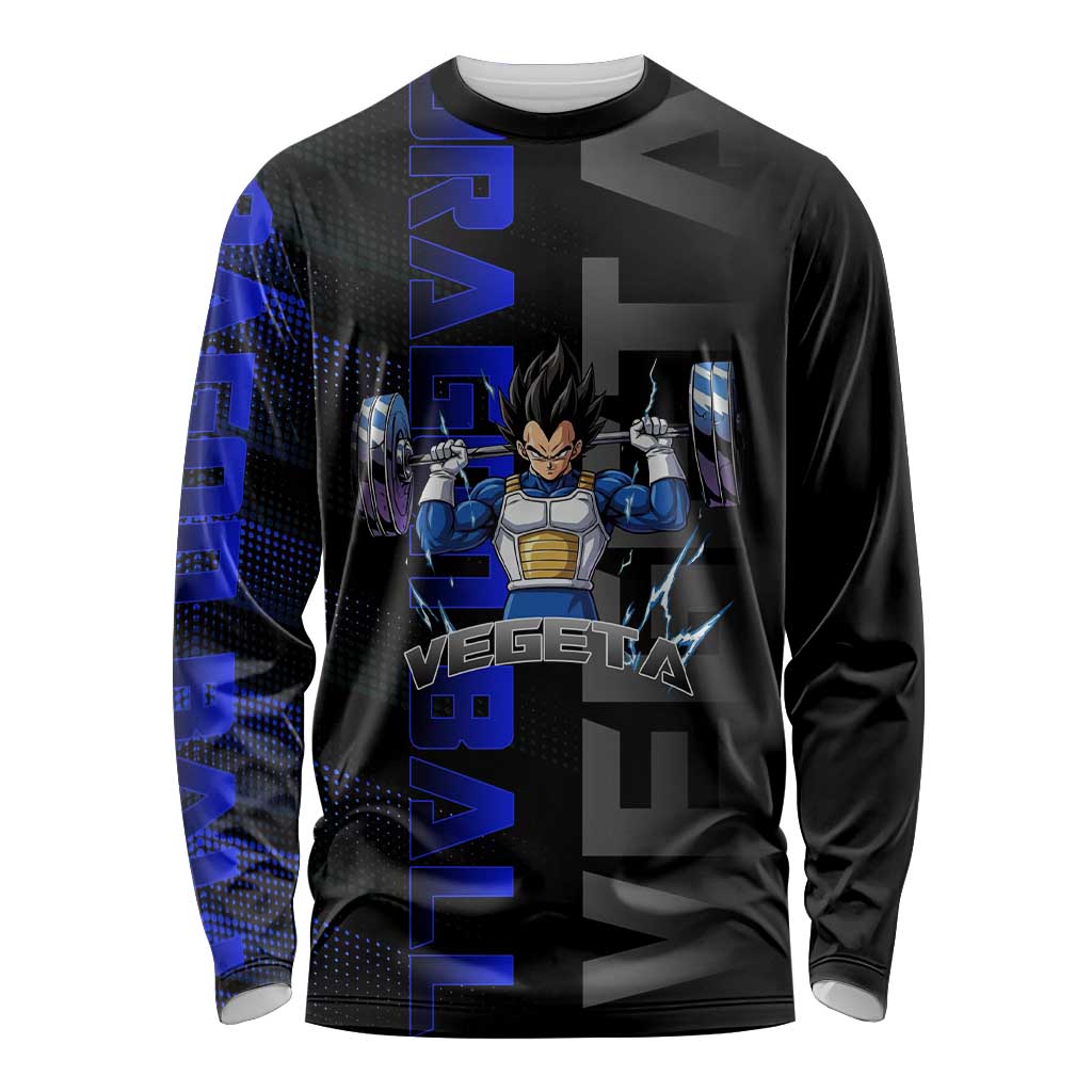 Vegeta Gym Theme Black and Blue Design Long Sleeve Shirt with Powerlifting Pose and Saiyan Armor Style - The Mazicc
