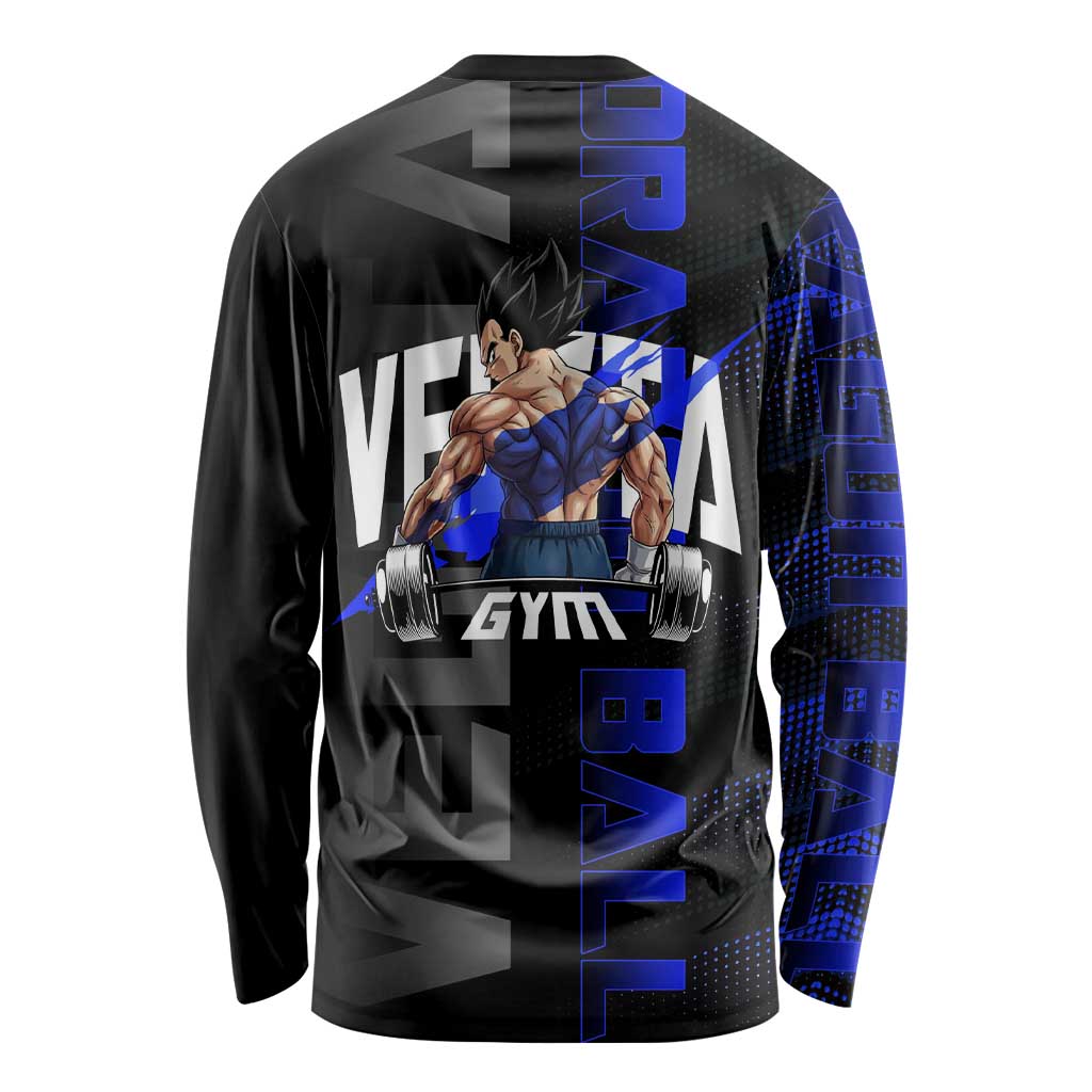 Vegeta Gym Theme Black and Blue Design Long Sleeve Shirt with Powerlifting Pose and Saiyan Armor Style - The Mazicc