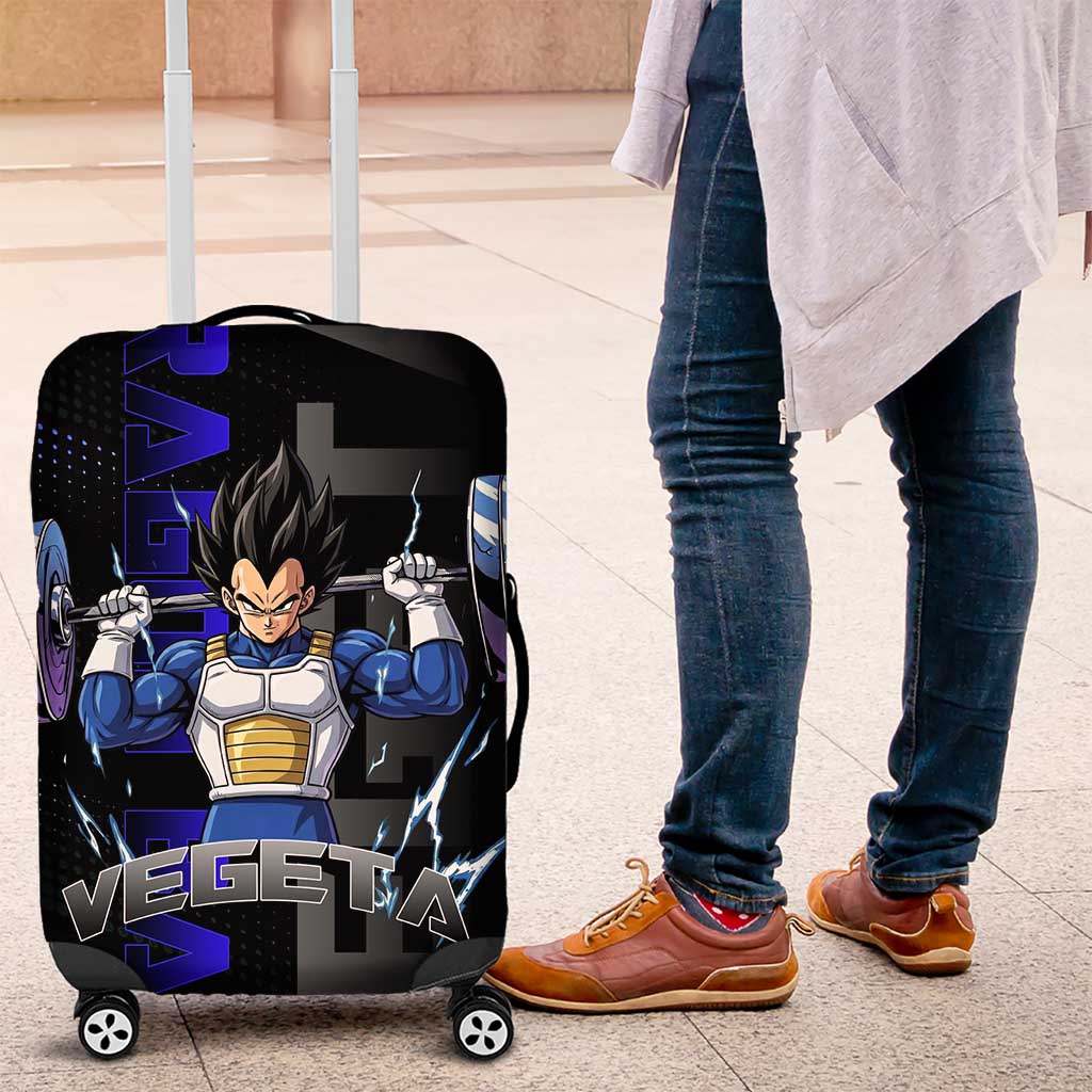 Vegeta Gym Theme Black and Blue Design Luggage Cover with Powerlifting Pose and Saiyan Armor Style - The Mazicc