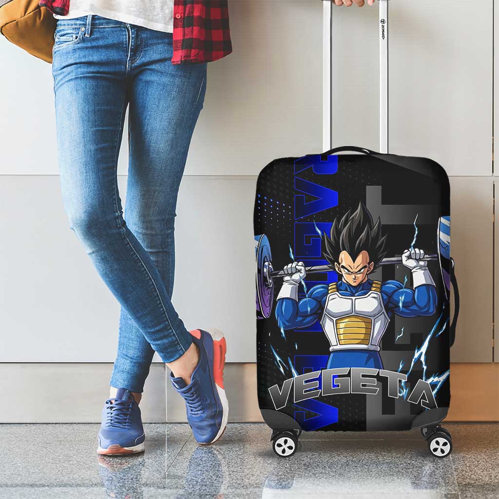 Vegeta Gym Theme Black and Blue Design Luggage Cover with Powerlifting Pose and Saiyan Armor Style - The Mazicc