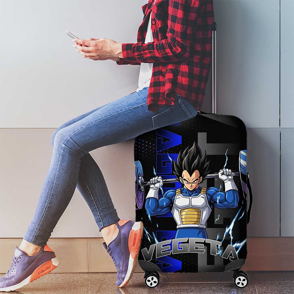Vegeta Gym Theme Black and Blue Design Luggage Cover with Powerlifting Pose and Saiyan Armor Style - The Mazicc