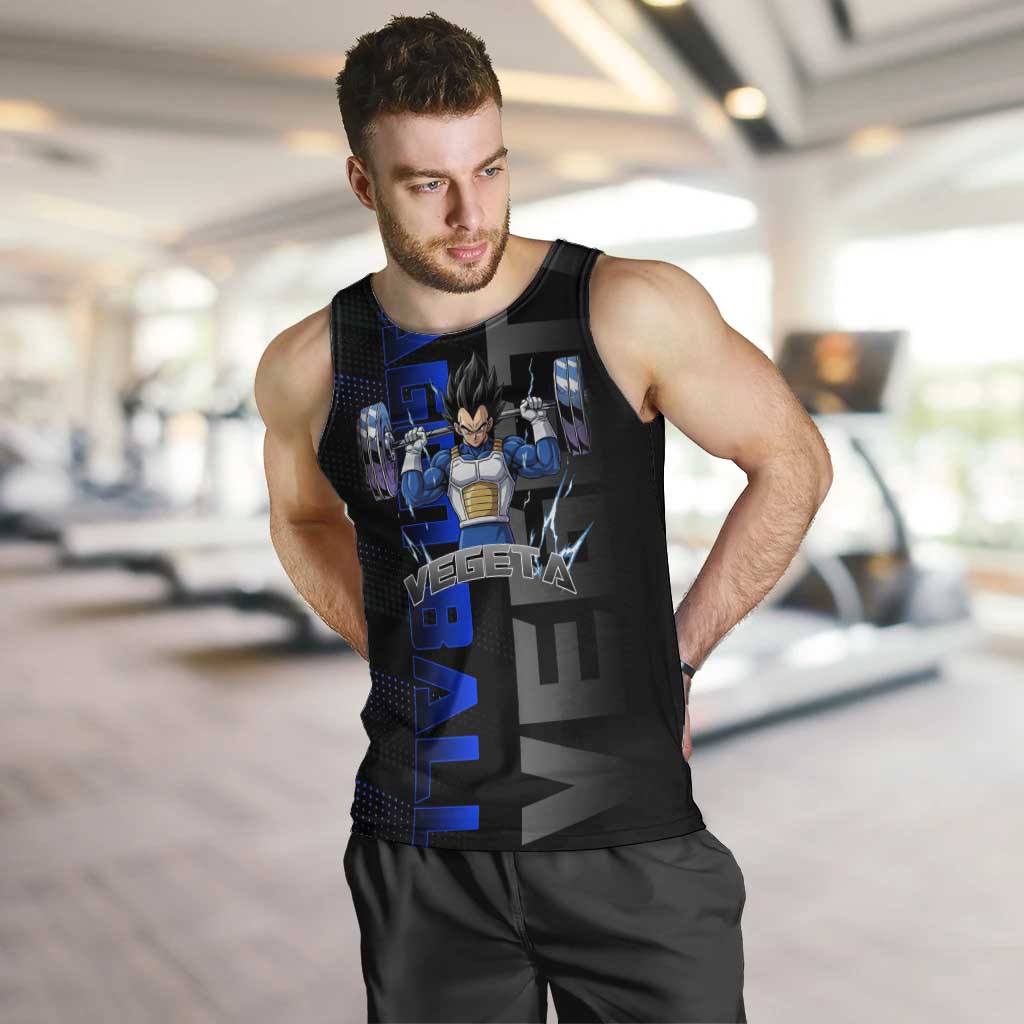 Vegeta Gym Theme Black and Blue Design Men Tank Top with Powerlifting Pose and Saiyan Armor Style - The Mazicc