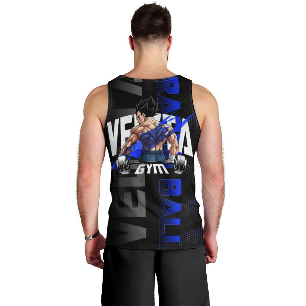 Vegeta Gym Theme Black and Blue Design Men Tank Top with Powerlifting Pose and Saiyan Armor Style - The Mazicc