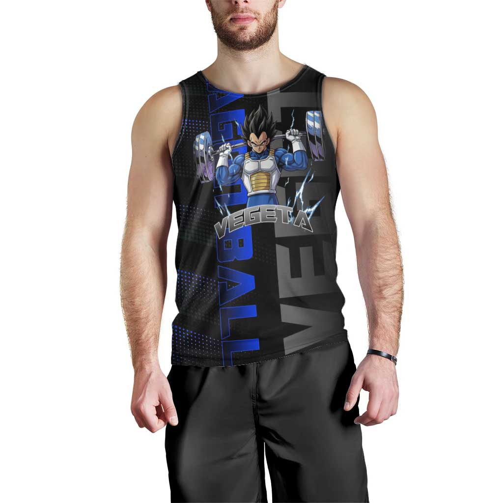 Vegeta Gym Theme Black and Blue Design Men Tank Top with Powerlifting Pose and Saiyan Armor Style - The Mazicc