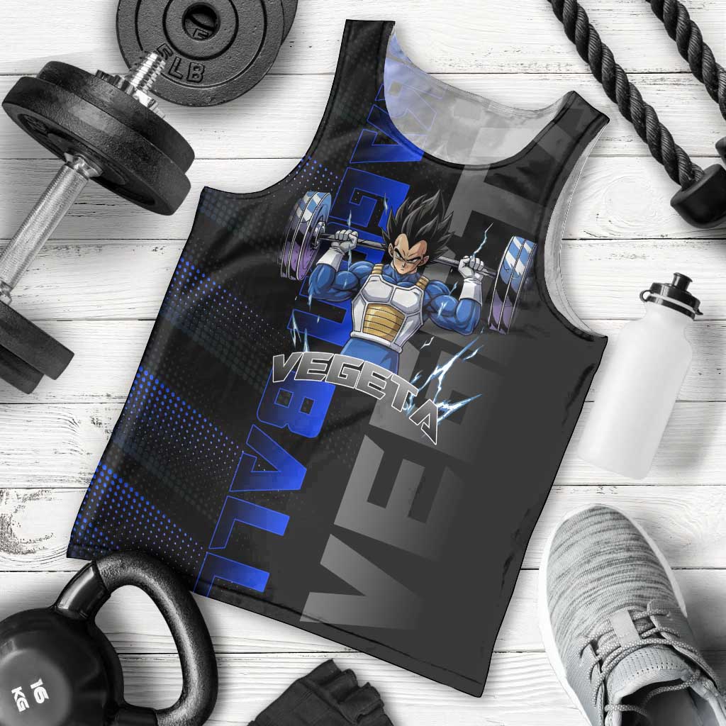 Vegeta Gym Theme Black and Blue Design Men Tank Top with Powerlifting Pose and Saiyan Armor Style - The Mazicc