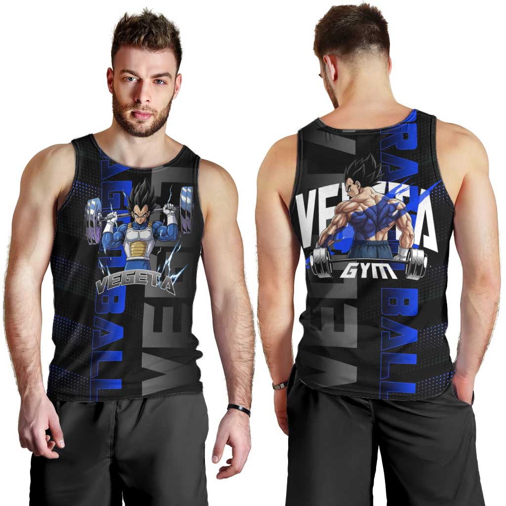 Vegeta Gym Theme Black and Blue Design Men Tank Top with Powerlifting Pose and Saiyan Armor Style - The Mazicc