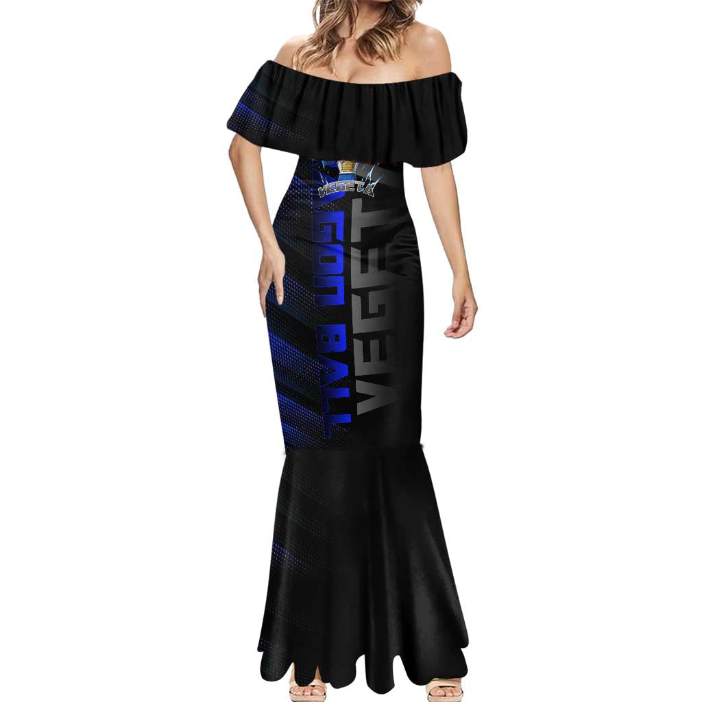 Vegeta Gym Theme Black and Blue Design Mermaid Dress with Powerlifting Pose and Saiyan Armor Style - The Mazicc