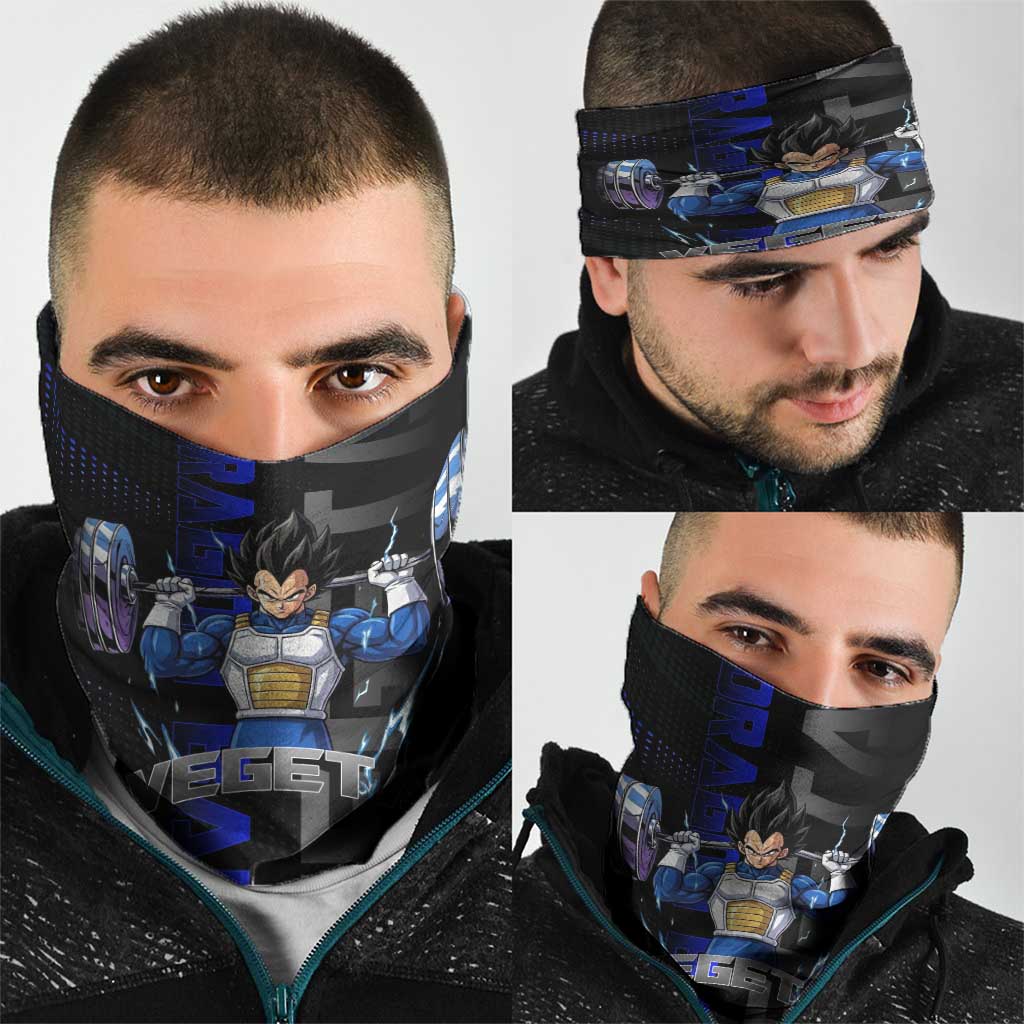 Vegeta Gym Theme Black and Blue Design Neck Gaiter with Powerlifting Pose and Saiyan Armor Style - The Mazicc