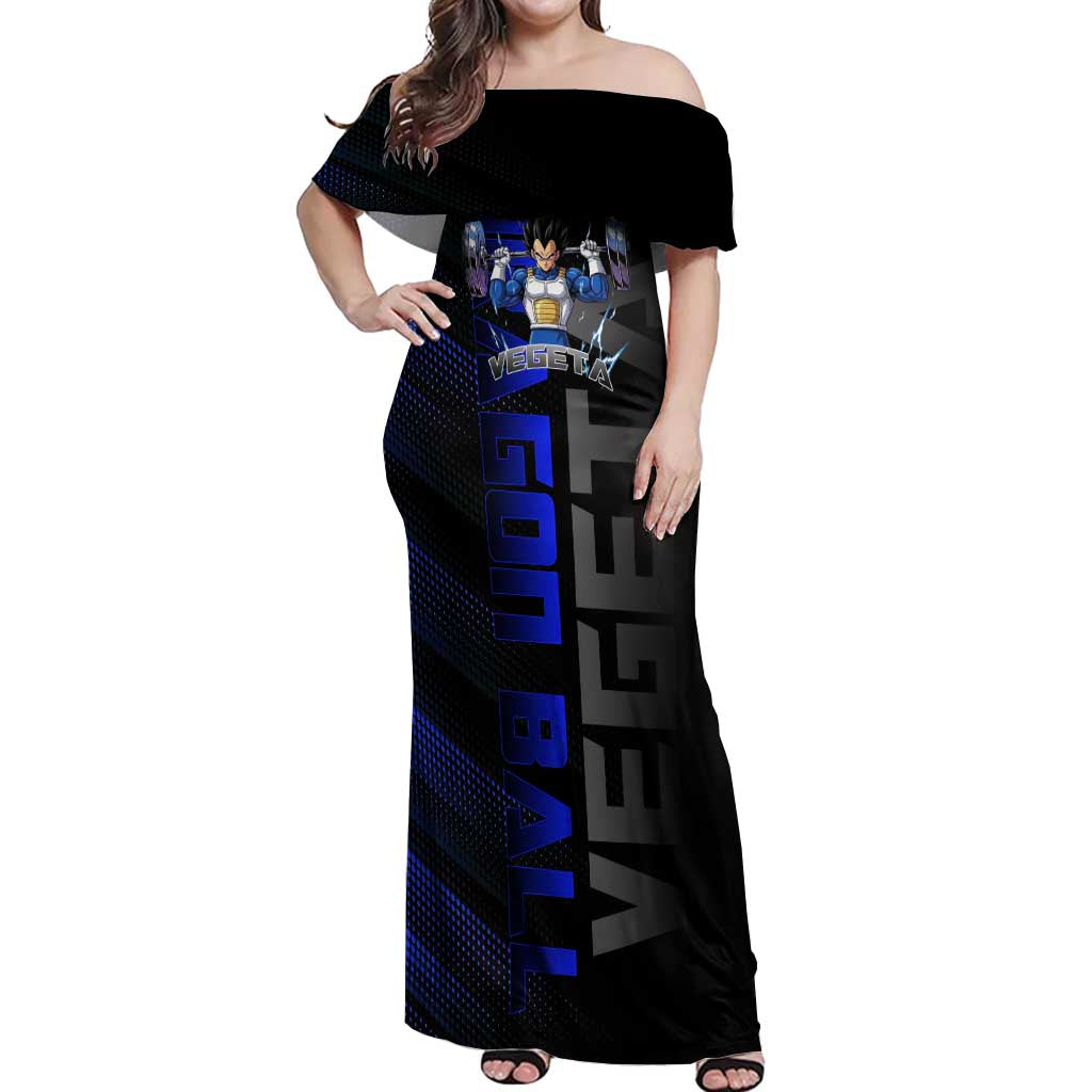 Vegeta Gym Theme Black and Blue Design Off Shoulder Maxi Dress with Powerlifting Pose and Saiyan Armor Style - The Mazicc
