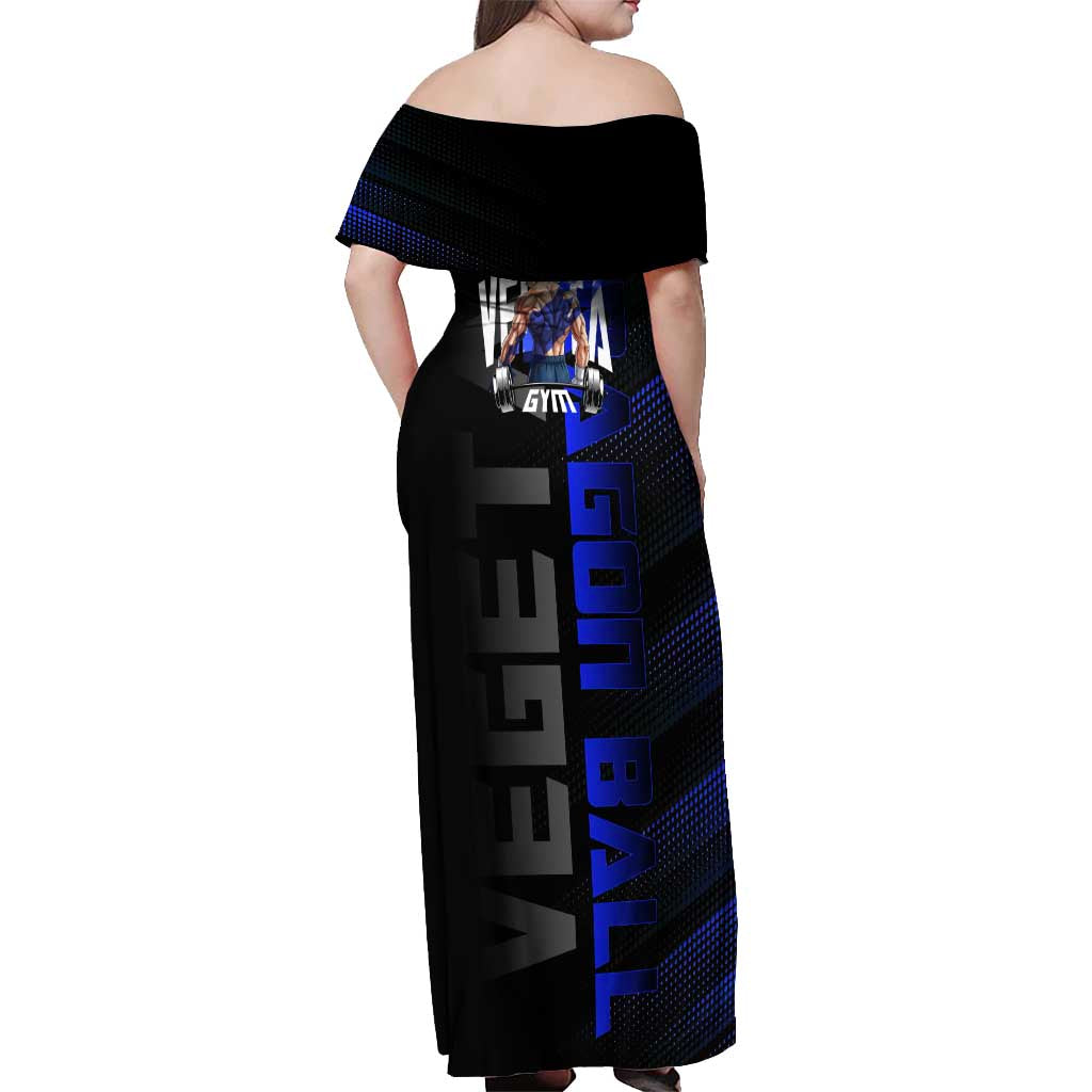 Vegeta Gym Theme Black and Blue Design Off Shoulder Maxi Dress with Powerlifting Pose and Saiyan Armor Style - The Mazicc