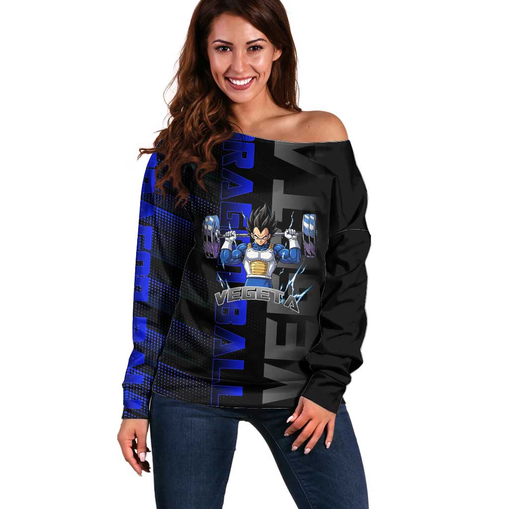 Vegeta Gym Theme Black and Blue Design Off Shoulder Sweater with Powerlifting Pose and Saiyan Armor Style - The Mazicc