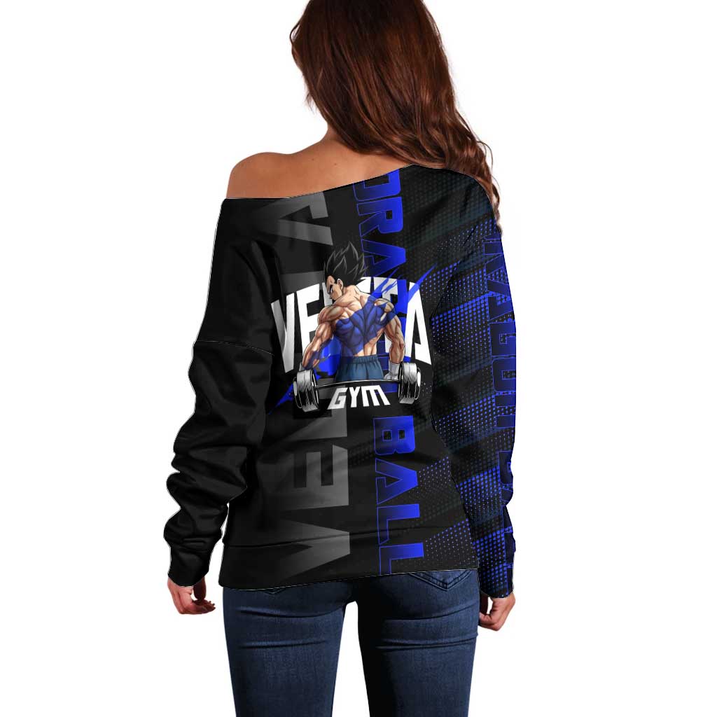 Vegeta Gym Theme Black and Blue Design Off Shoulder Sweater with Powerlifting Pose and Saiyan Armor Style - The Mazicc