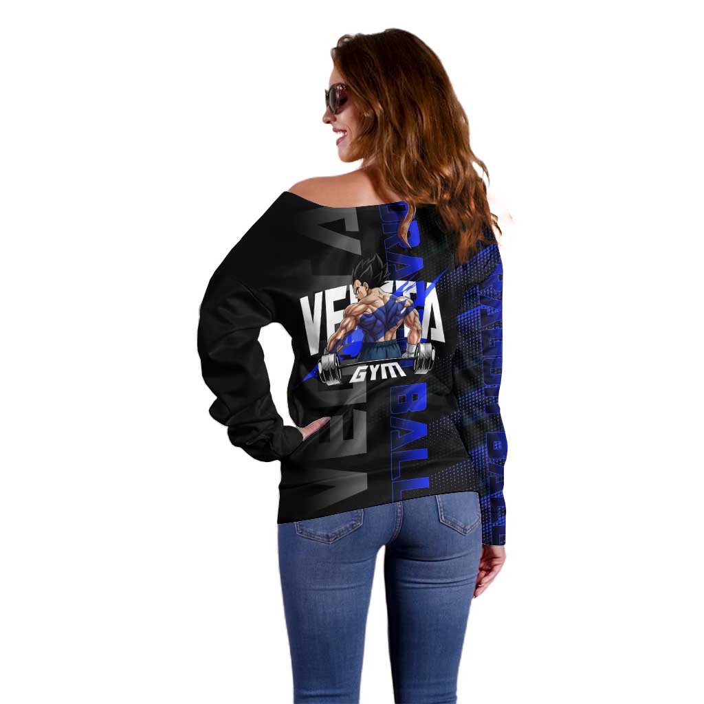 Vegeta Gym Theme Black and Blue Design Off Shoulder Sweater with Powerlifting Pose and Saiyan Armor Style - The Mazicc