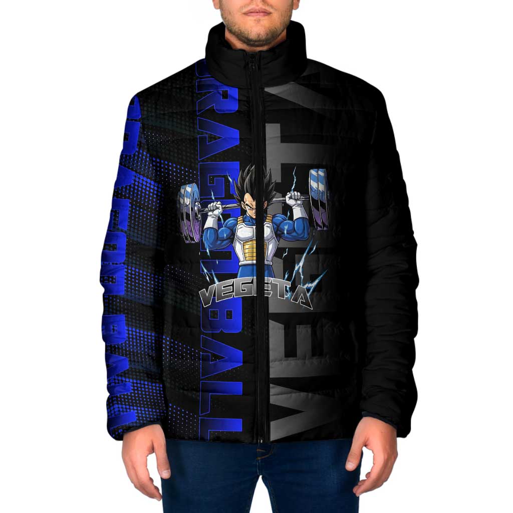 Vegeta Gym Theme Black and Blue Design Padded Jacket with Powerlifting Pose and Saiyan Armor Style - The Mazicc