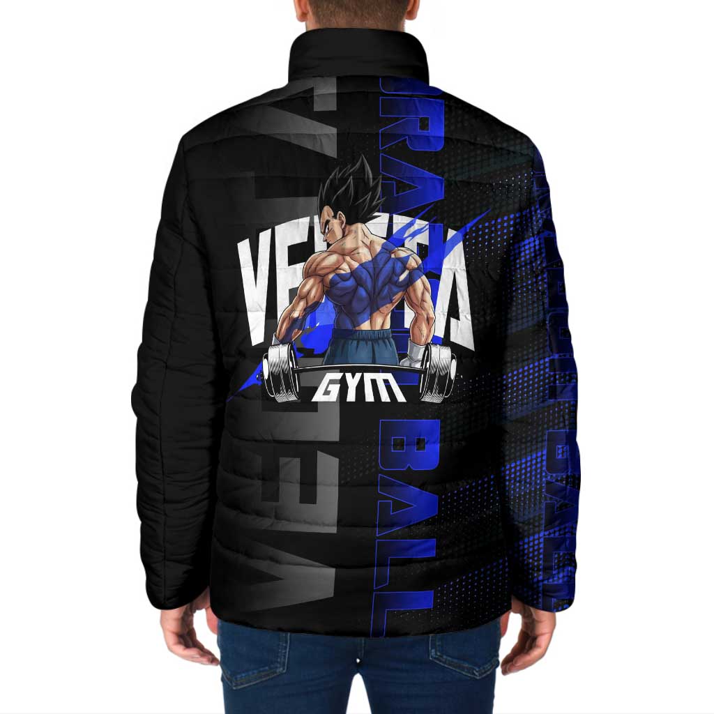Vegeta Gym Theme Black and Blue Design Padded Jacket with Powerlifting Pose and Saiyan Armor Style - The Mazicc
