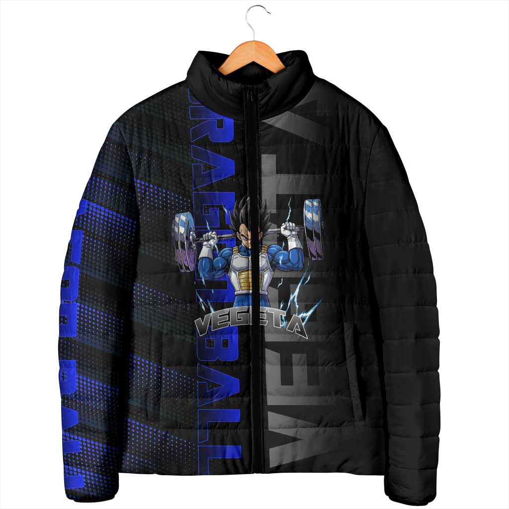 Vegeta Gym Theme Black and Blue Design Padded Jacket with Powerlifting Pose and Saiyan Armor Style - The Mazicc