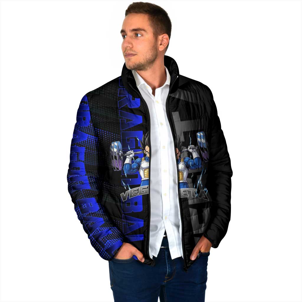 Vegeta Gym Theme Black and Blue Design Padded Jacket with Powerlifting Pose and Saiyan Armor Style - The Mazicc