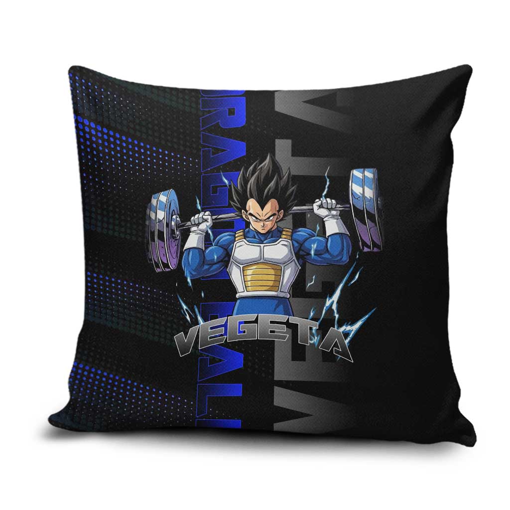 Vegeta Gym Theme Black and Blue Design Pillow Cover with Powerlifting Pose and Saiyan Armor Style - The Mazicc