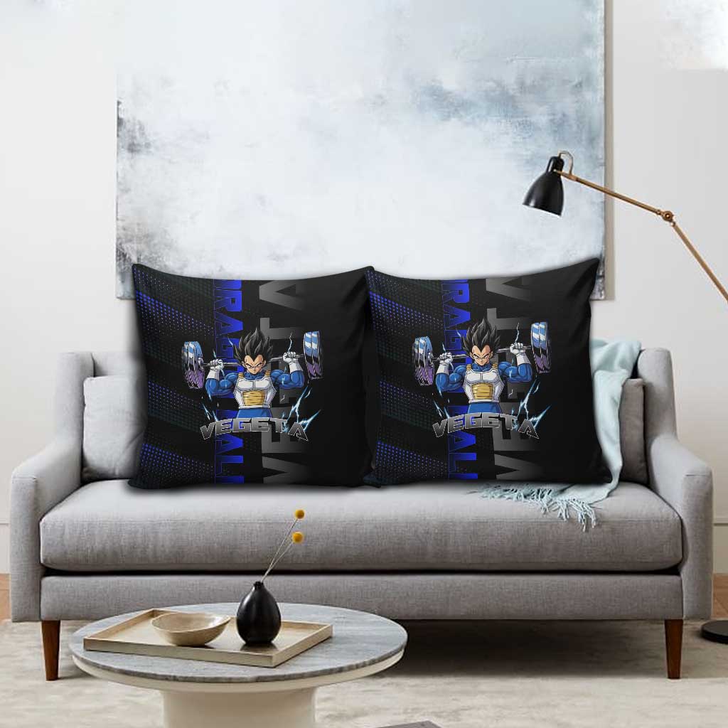 Vegeta Gym Theme Black and Blue Design Pillow Cover with Powerlifting Pose and Saiyan Armor Style - The Mazicc