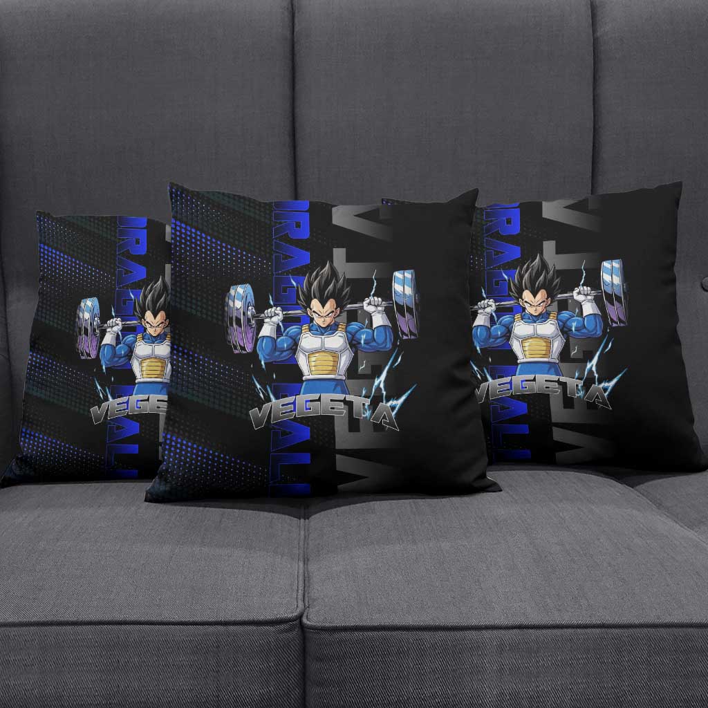 Vegeta Gym Theme Black and Blue Design Pillow Cover with Powerlifting Pose and Saiyan Armor Style - The Mazicc