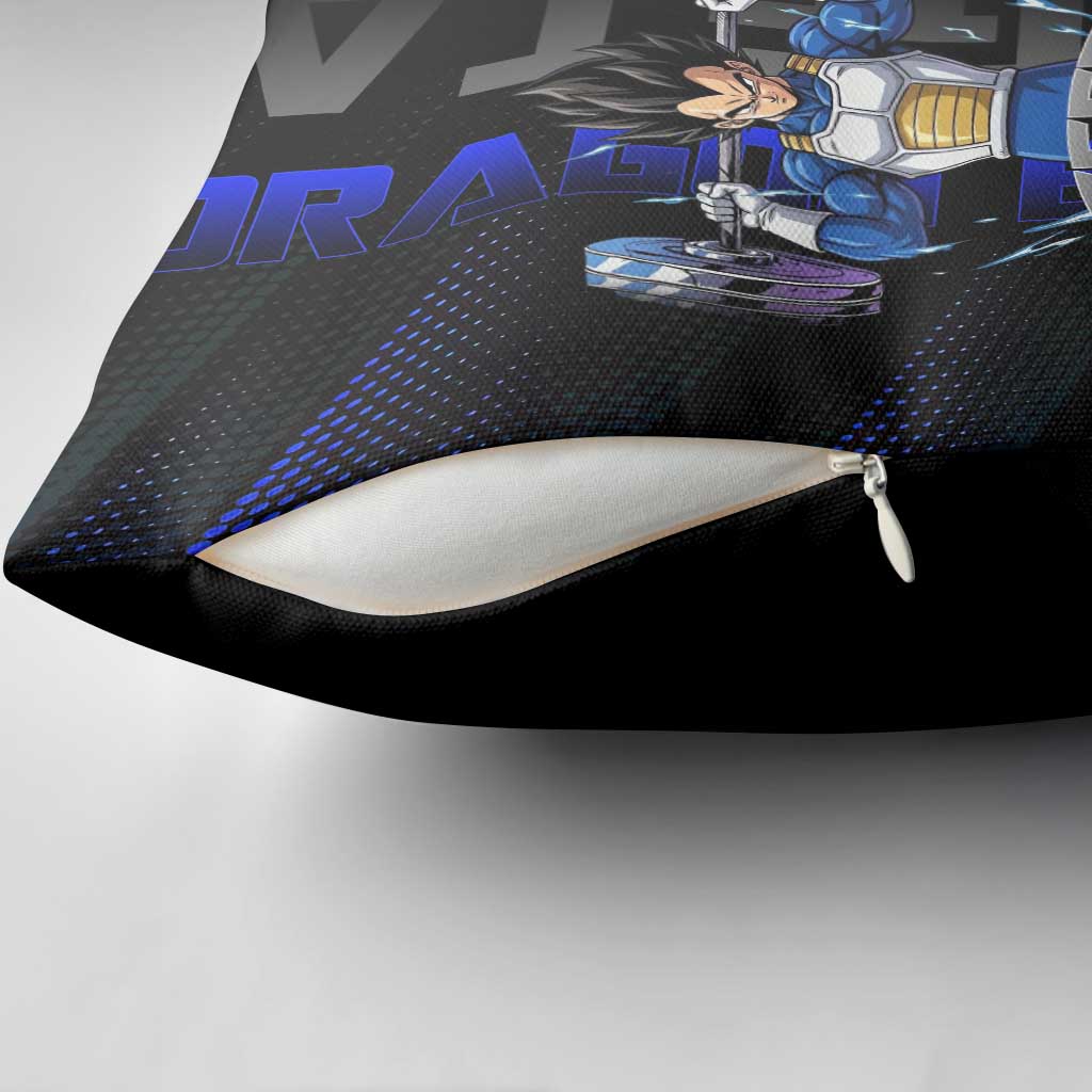 Vegeta Gym Theme Black and Blue Design Pillow Cover with Powerlifting Pose and Saiyan Armor Style - The Mazicc