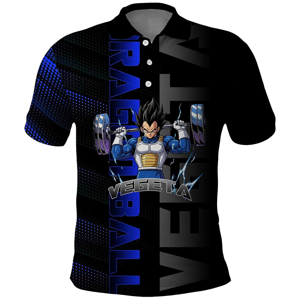 Vegeta Gym Theme Black and Blue Design Polo Shirt with Powerlifting Pose and Saiyan Armor Style - The Mazicc