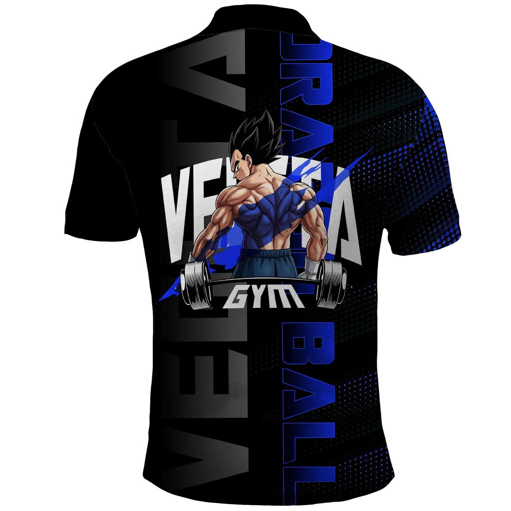 Vegeta Gym Theme Black and Blue Design Polo Shirt with Powerlifting Pose and Saiyan Armor Style - The Mazicc
