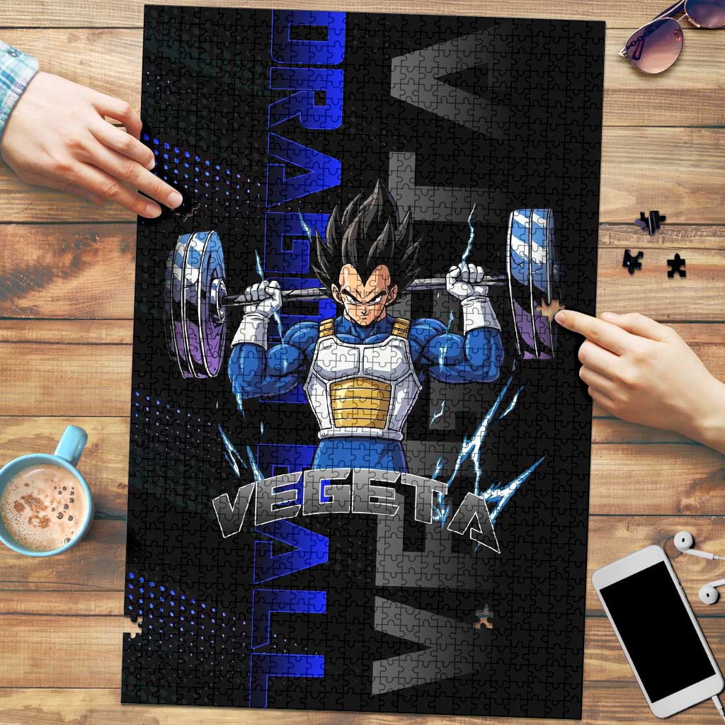 Vegeta Gym Theme Black and Blue Design Puzzle with Powerlifting Pose and Saiyan Armor Style - The Mazicc