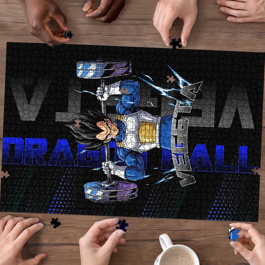 Vegeta Gym Theme Black and Blue Design Puzzle with Powerlifting Pose and Saiyan Armor Style - The Mazicc