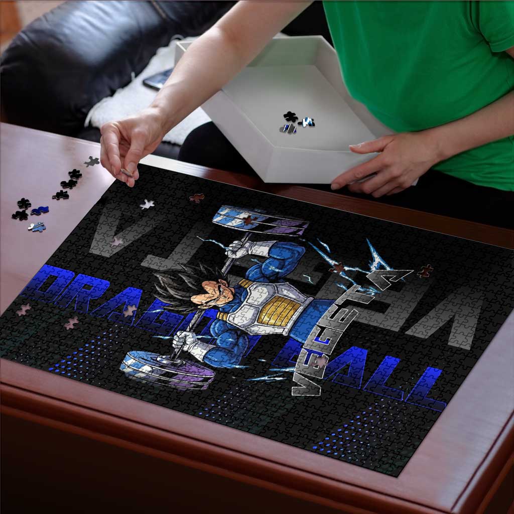 Vegeta Gym Theme Black and Blue Design Puzzle with Powerlifting Pose and Saiyan Armor Style - The Mazicc