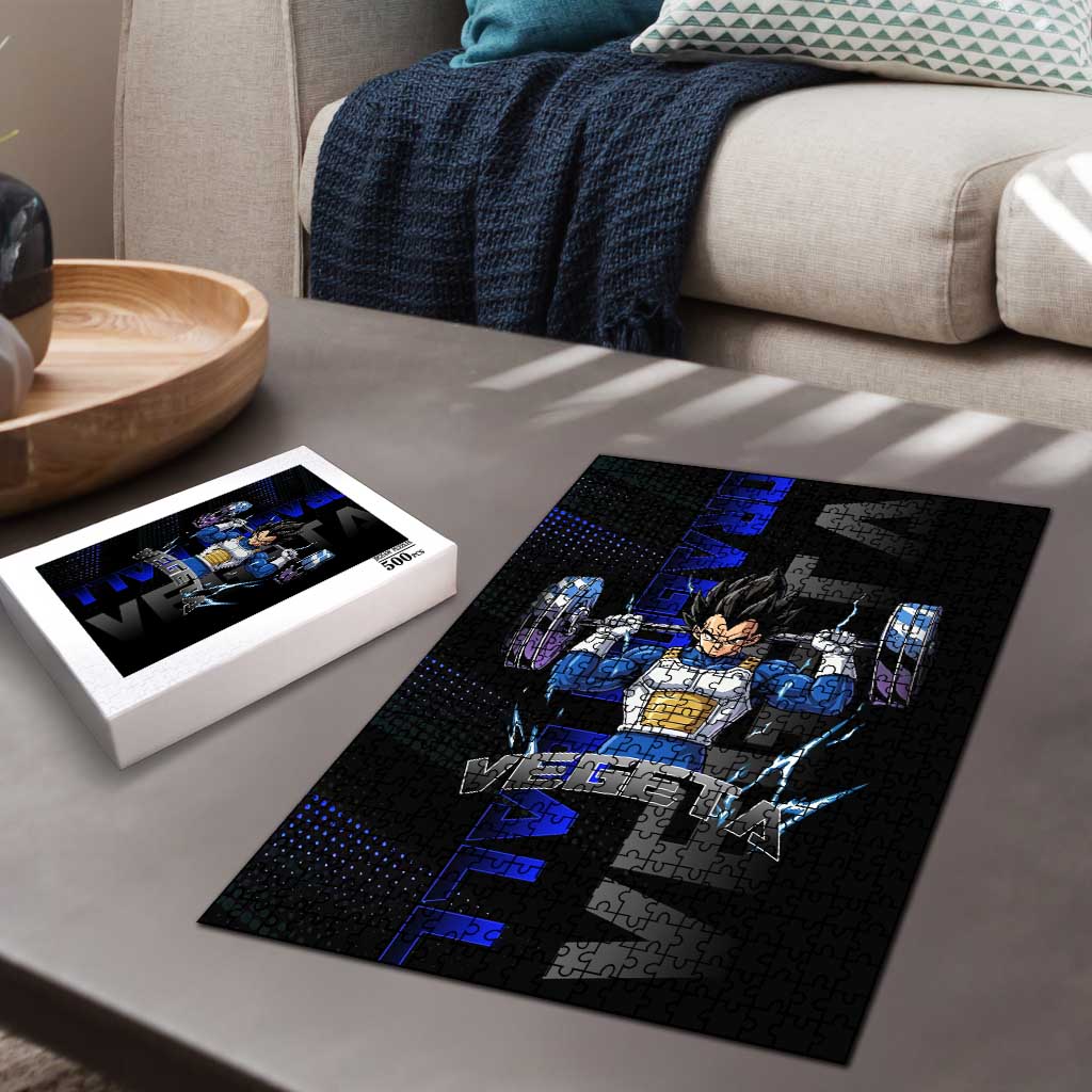 Vegeta Gym Theme Black and Blue Design Puzzle with Powerlifting Pose and Saiyan Armor Style - The Mazicc