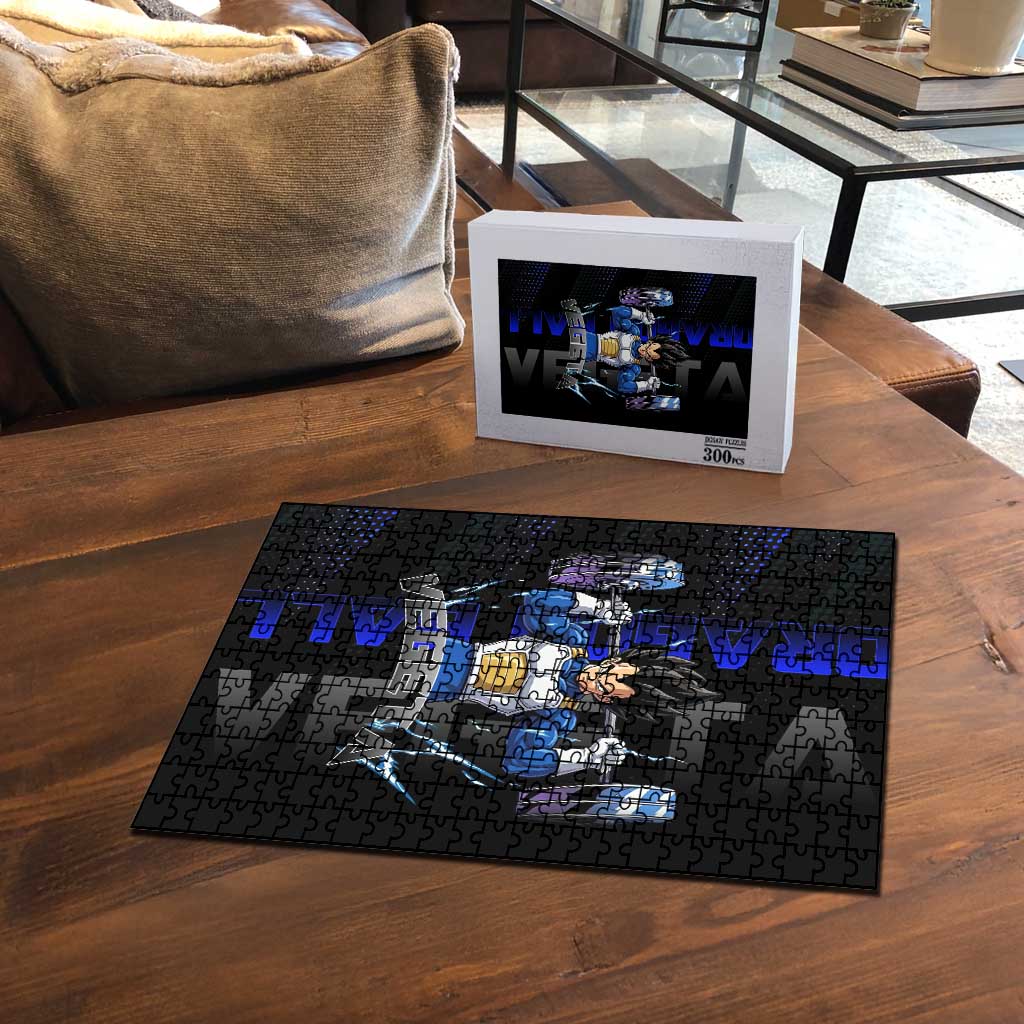 Vegeta Gym Theme Black and Blue Design Puzzle with Powerlifting Pose and Saiyan Armor Style - The Mazicc