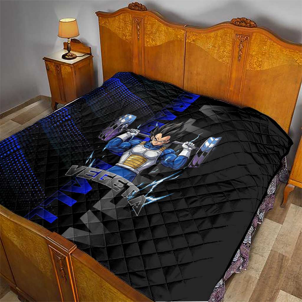 Vegeta Gym Theme Black and Blue Design Quilt with Powerlifting Pose and Saiyan Armor Style - The Mazicc