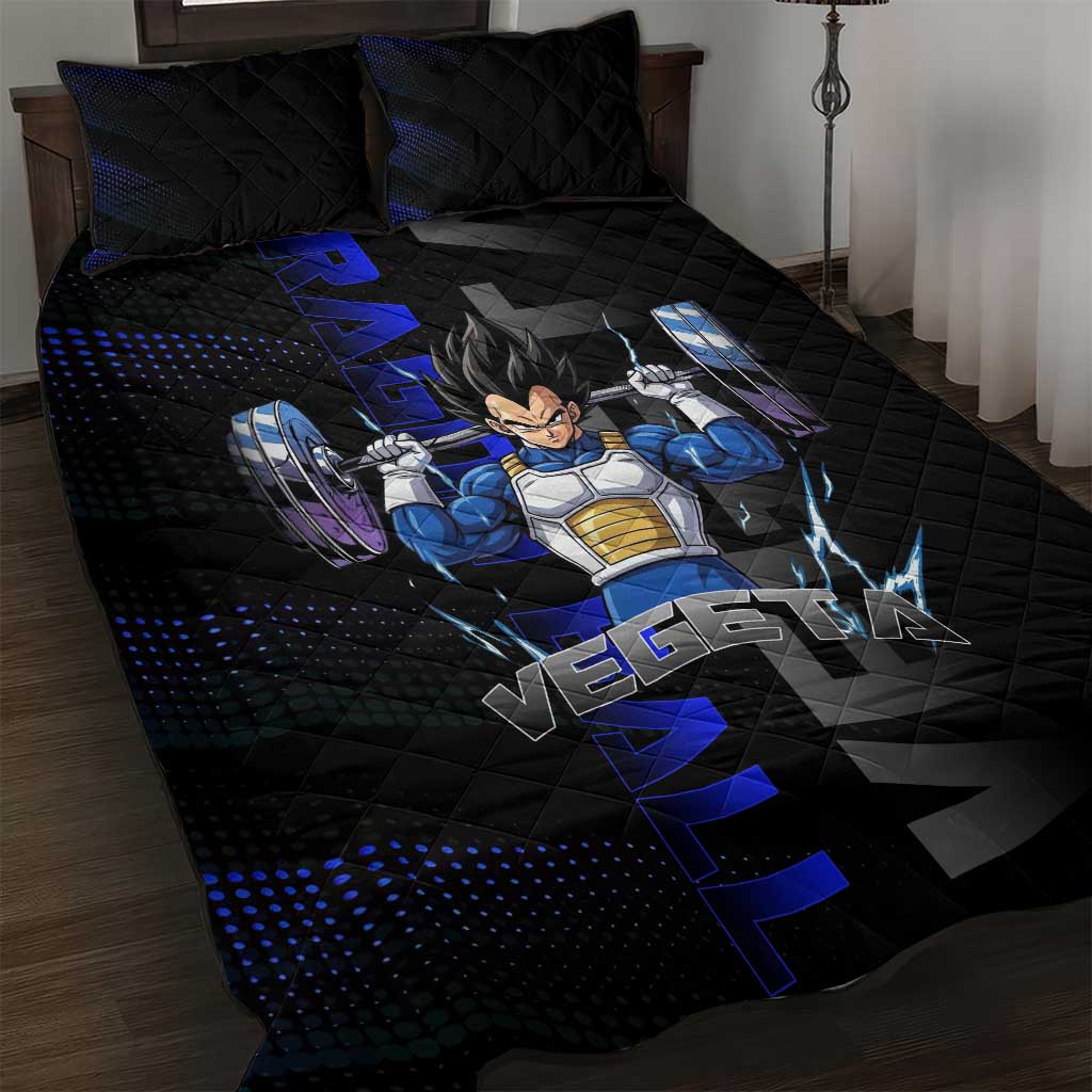 Vegeta Gym Theme Black and Blue Design Quilt Bed Set with Powerlifting Pose and Saiyan Armor Style - The Mazicc