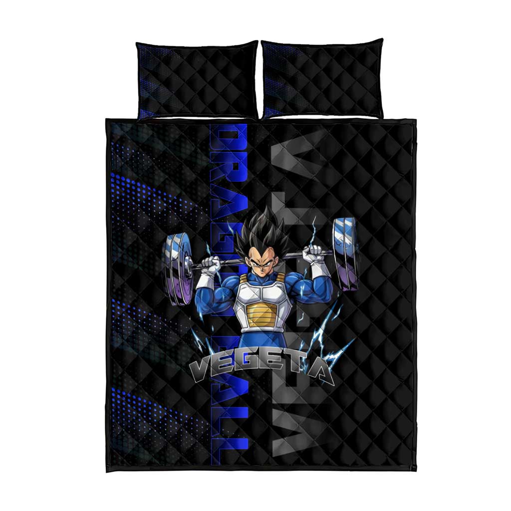 Vegeta Gym Theme Black and Blue Design Quilt Bed Set with Powerlifting Pose and Saiyan Armor Style - The Mazicc