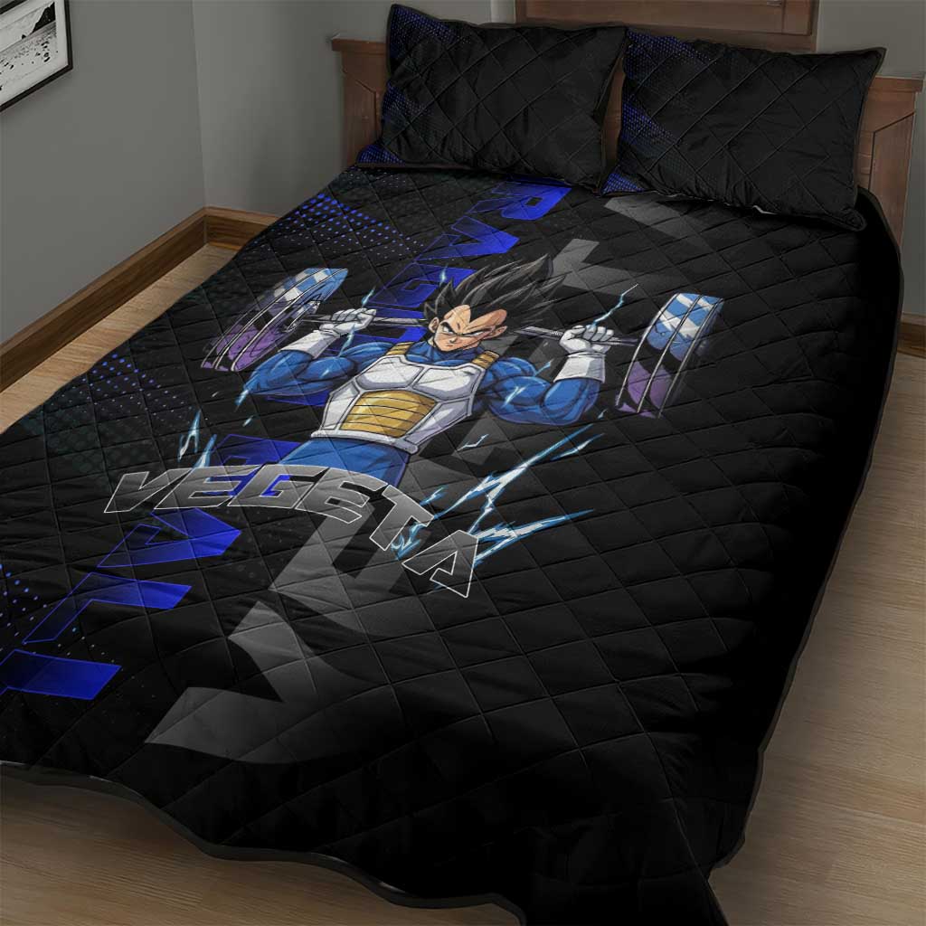 Vegeta Gym Theme Black and Blue Design Quilt Bed Set with Powerlifting Pose and Saiyan Armor Style - The Mazicc